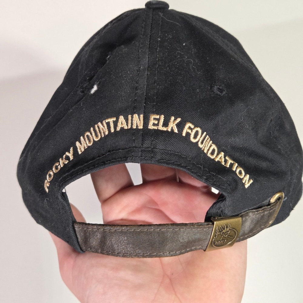 RMEF Rocky Mountain Elk Foundation Hat Life Member Cap Black Brown Leather Strap - Picture 5 of 10